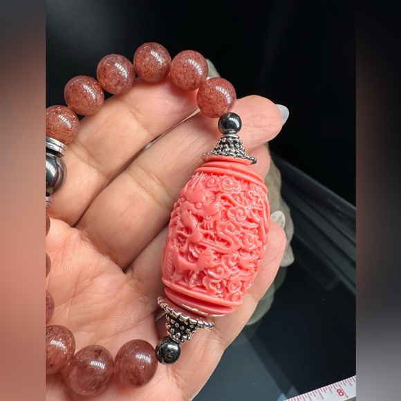 STRAWBERRY QUARTZ STONES + LUCKY DRAGON NATURAL BRACELET size 7” - Picture 13 of 14